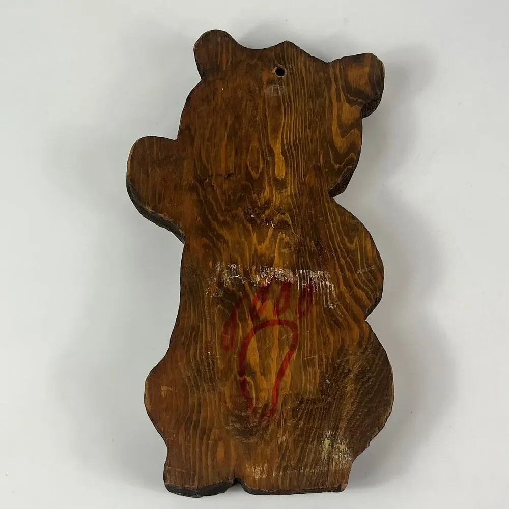 Vintage Handmade Wooden Bear Carved Hand Painted Wall Hanging Decor Red Flower